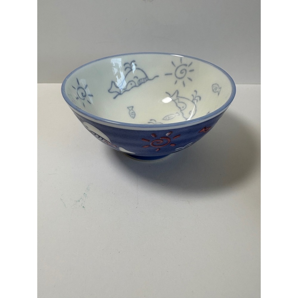 Kotobuki Japanese Pottery Kids Rice Bowl Dolphins Whales Fish Made in Japan